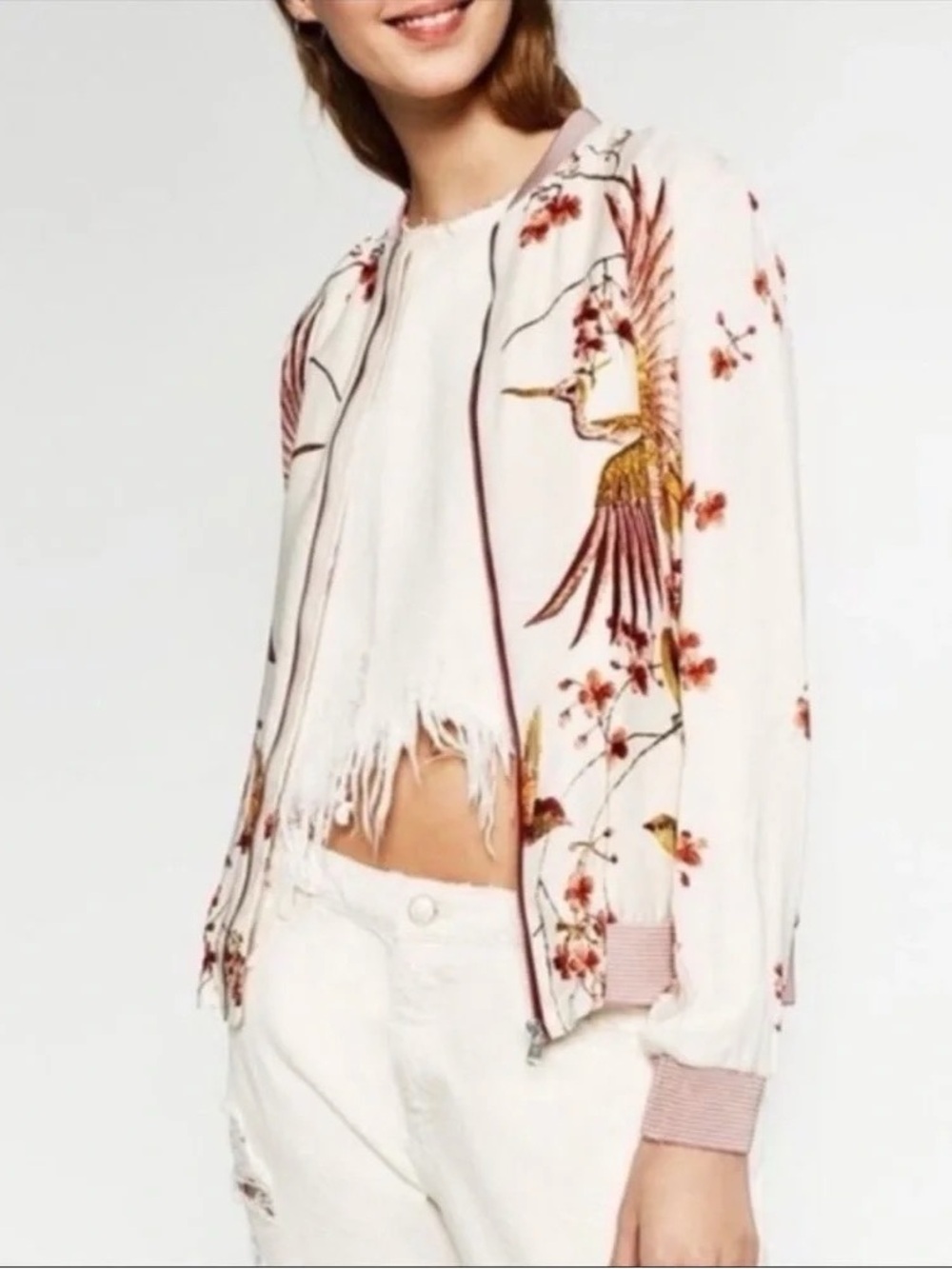 🌸 Zara Crane and Cherry Blossom Satin Bomber Jacket S